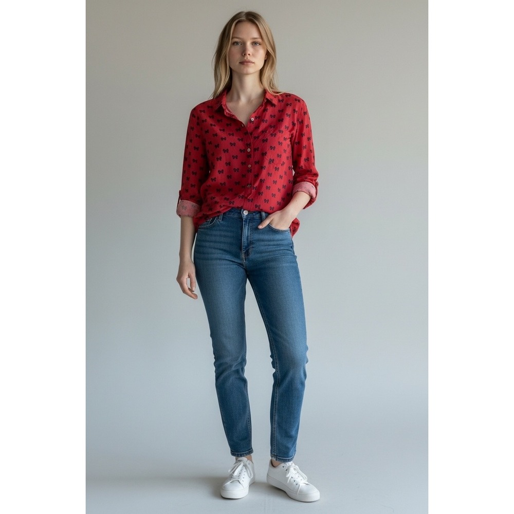 J.Crew Womens Popover Blouse Sz 6 Red Bow Cotton Silk Buttons Boy Popover Preppy